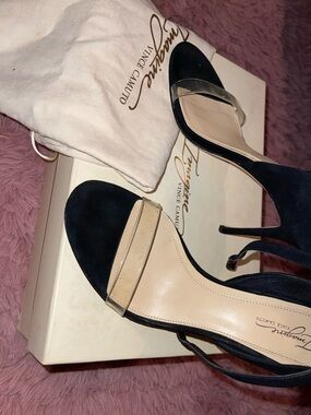 Vince Camuto Black Suede Open-Toe Heels with Clear Strap